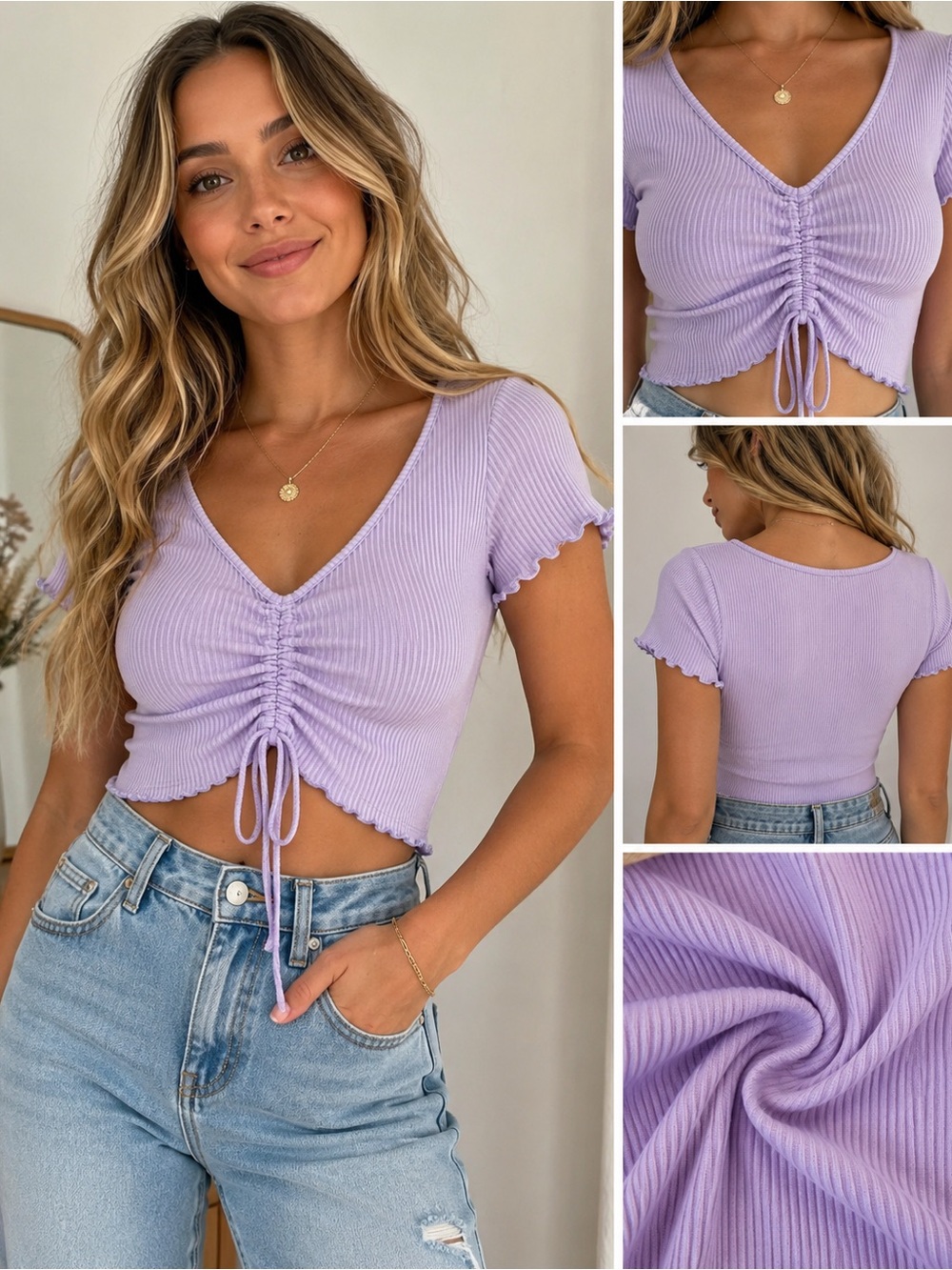 Paper Moon Lilac Ribbed Ruched Front Crop Top Large